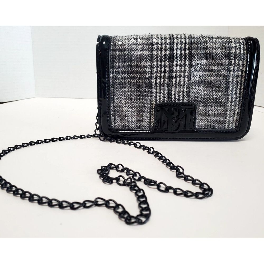 Badgley Mischka Purse Sequin Cross Body Bag Patent Vegan BlackLeather Chain